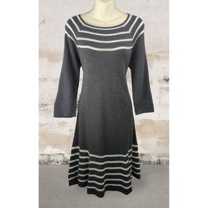 Black Saks Fifth Avenue Gray Sweater Dress Long Sleeve Crochet Stripes White M
